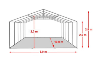 Tonnelle blanche de 5x10 mètres, fixée au sol, montrant une structure solide et élégante.