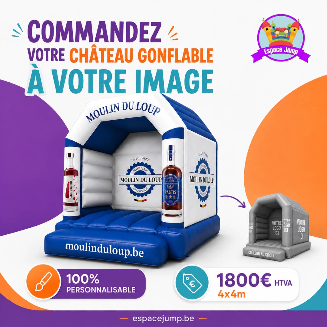 Château gonflable personnalisé aux couleurs de la distillerie Moulin du Loup, avec logo et modèle de personnalisation
